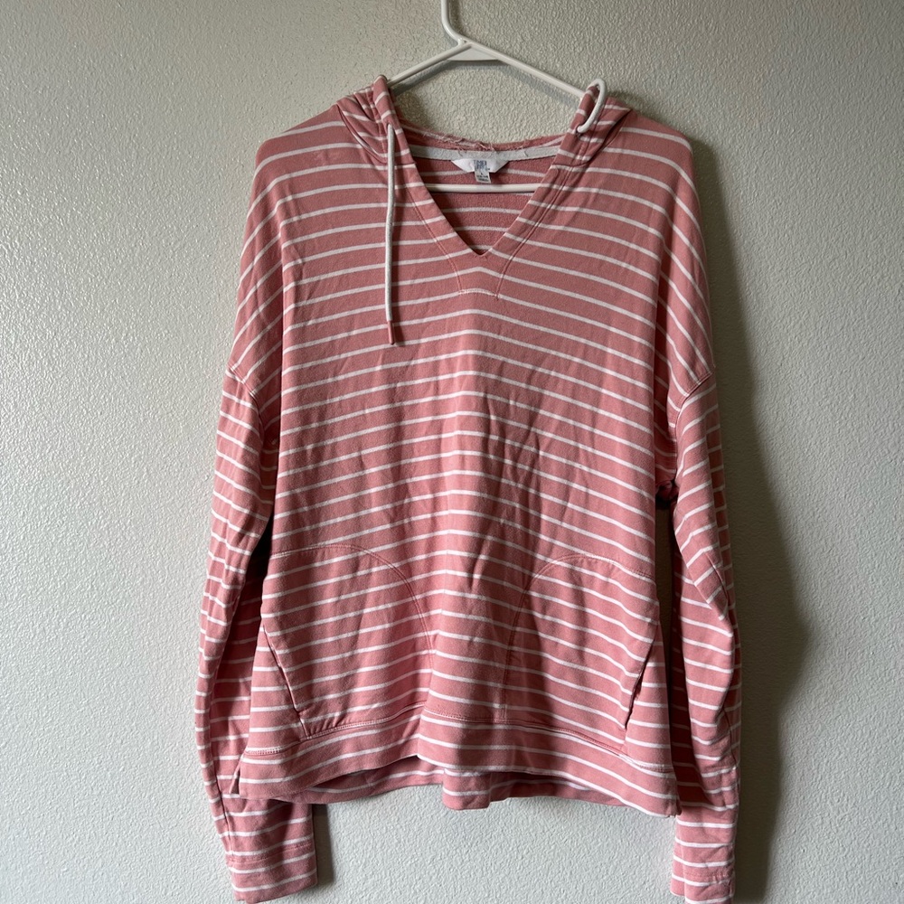 Long sleeve pink & white striped light weight long sleeve hooded shirt